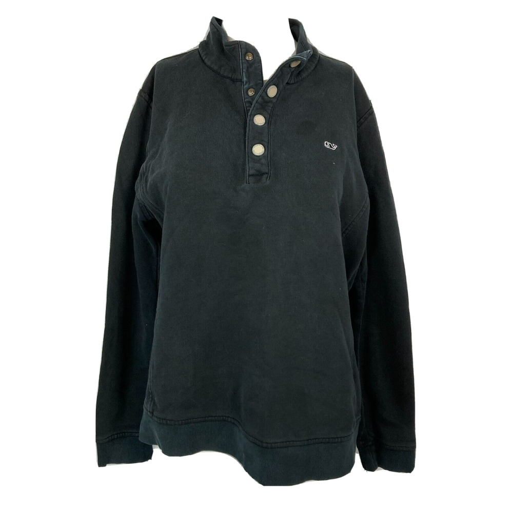 Vineyard Vines Sweatshirt Womens‎ Sz L Black Pullover Snap Collar Cotton Logo